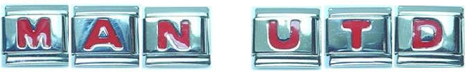 Man Utd in red letters on a bracelet